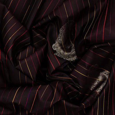 Dark Brown Handloom Soft Silk Saree With Stripes & Buttas