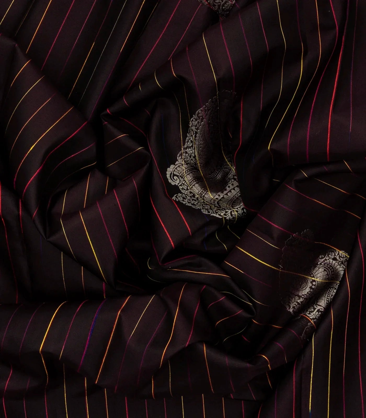 Dark Brown Handloom Soft Silk Saree With Stripes & Buttas
