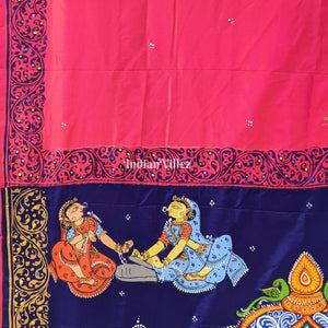 Pink Blue Doli Barat Theme Hand-Painted Pattachitra Saree