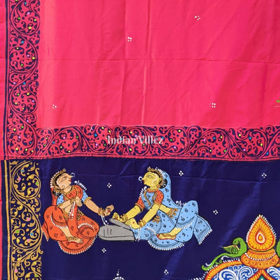Pink Blue Doli Barat Theme Hand-Painted Pattachitra Saree