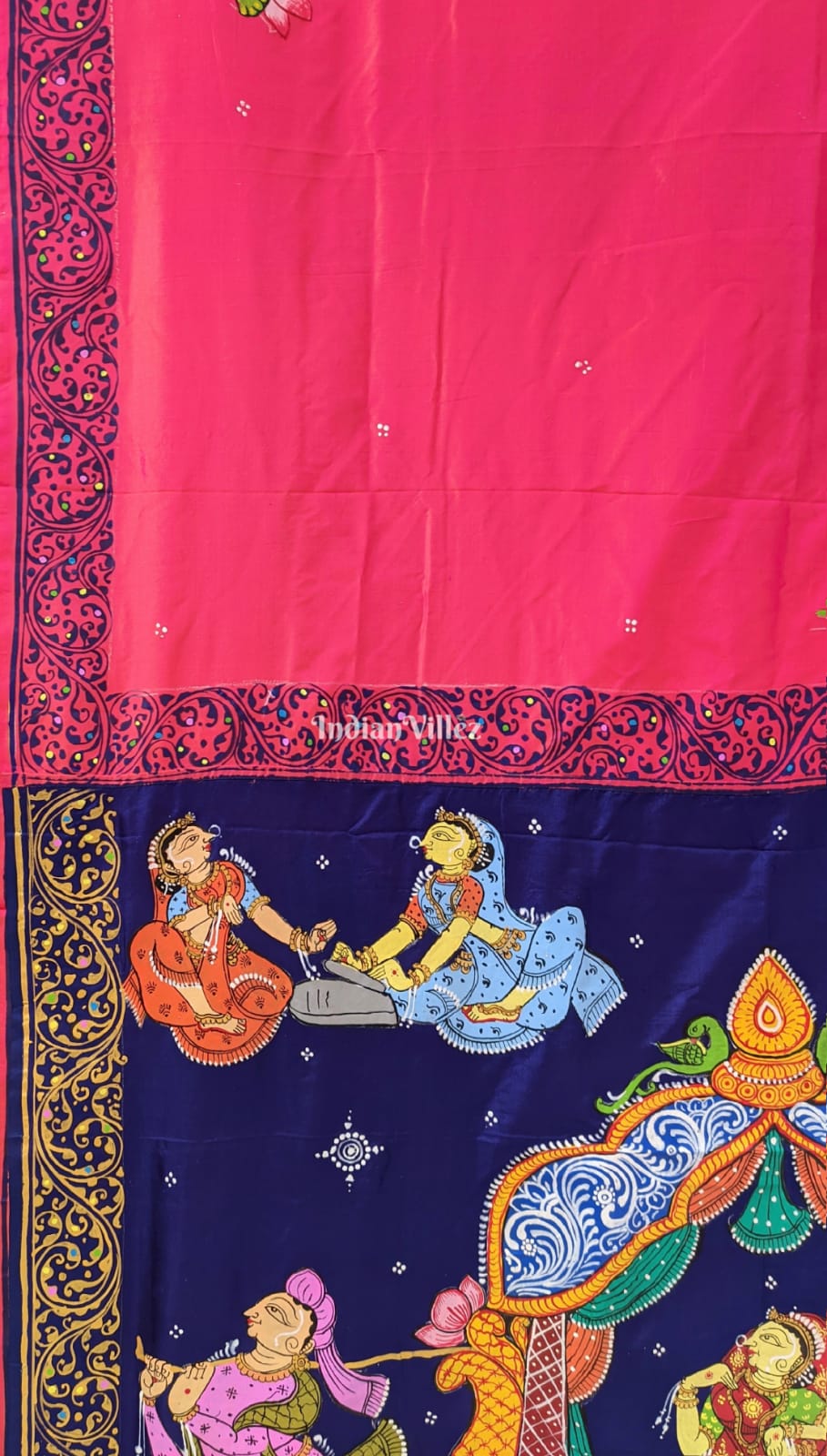 Pink Blue Doli Barat Theme Hand-Painted Pattachitra Saree