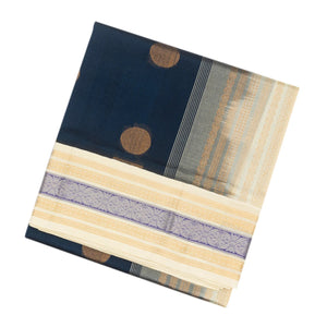 Midnight Blue Handloom Silk Cotton Saree With White Border
