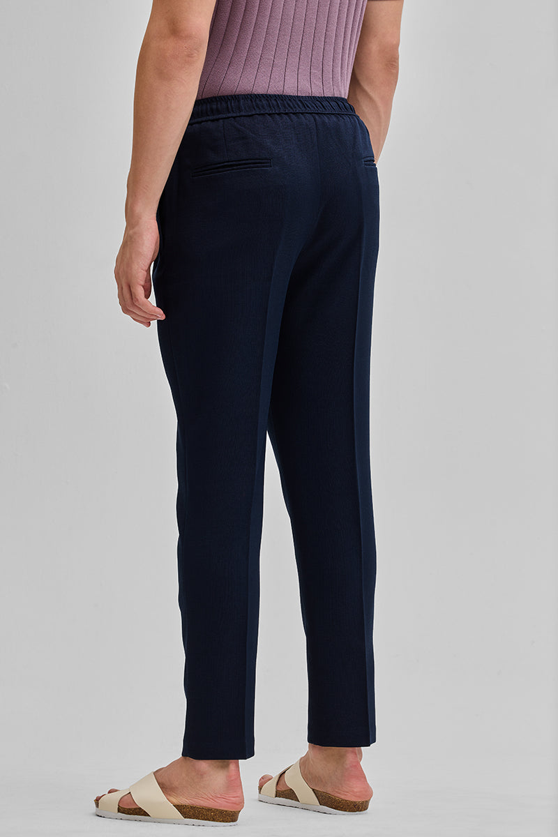 Navy Textured Relaxed Fit Trousers