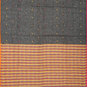 Dark Grey Handloom Linen Saree With Coin Buttas