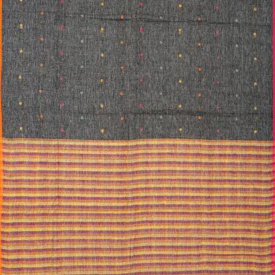 Dark Grey Handloom Linen Saree With Coin Buttas