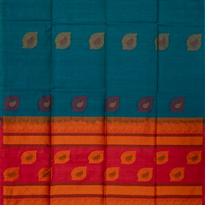 Cyan Handloom Kora Silk Cotton Saree With Floral Motifs