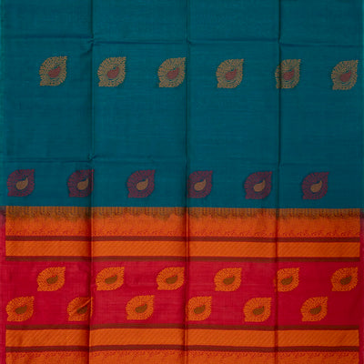 Cyan Handloom Kora Silk Cotton Saree With Floral Motifs