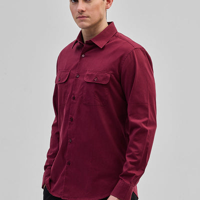 Maroon Solid Double Pocket Overshirt