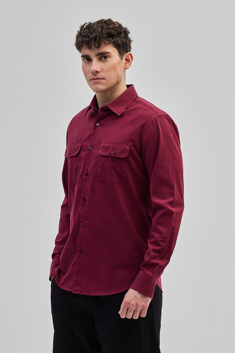 Maroon Solid Double Pocket Overshirt