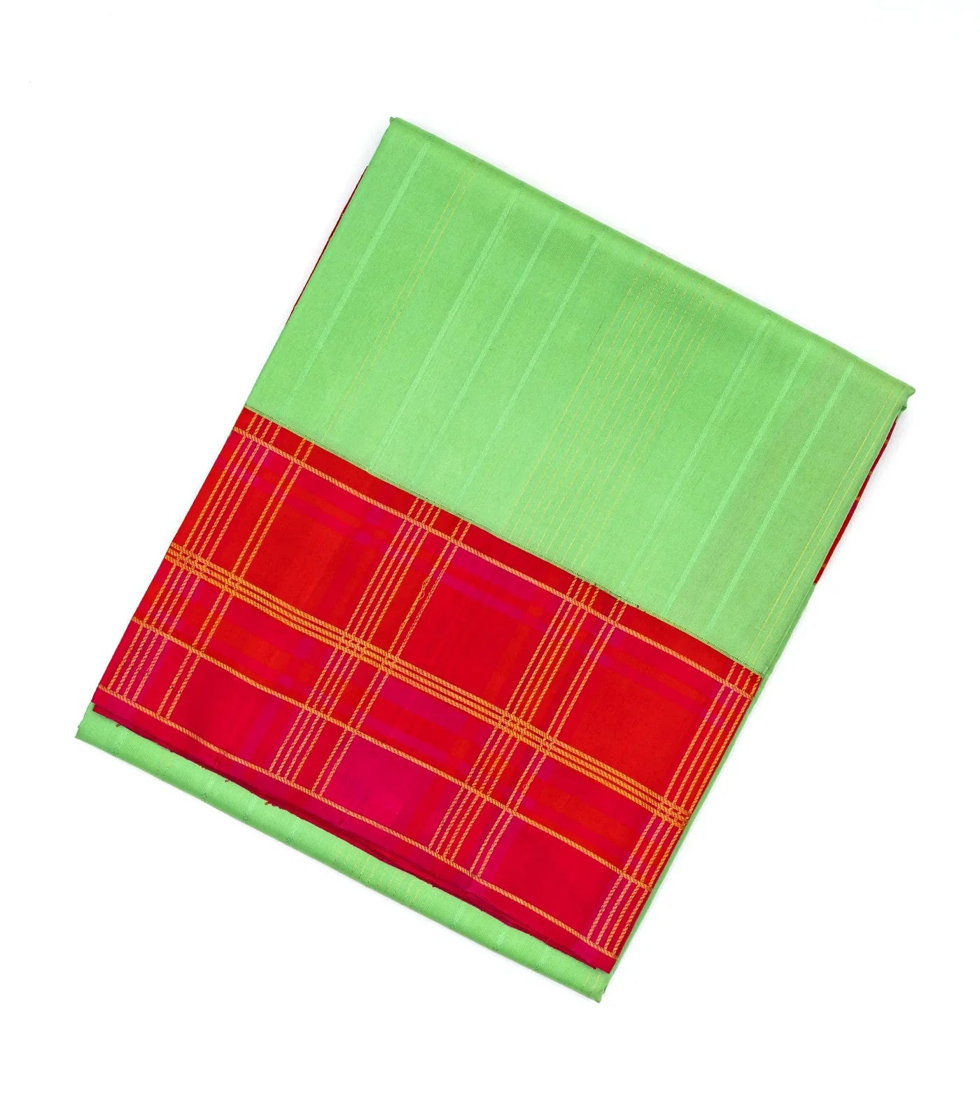 Pista Green Handloom Soft Silk Saree With Stripes & Contrast Red Border