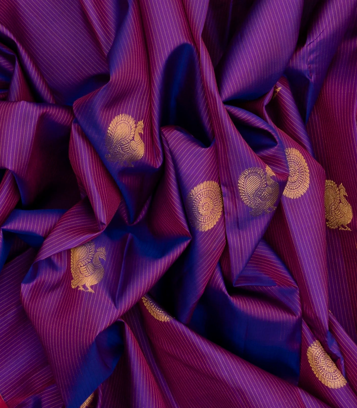 Purple Handloom Kanchipuram Silk Saree With Stripes & Annam Buttas