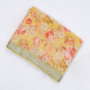 Yellow Handloom Tussar Linen Silk Saree With Printed Floral Motifs