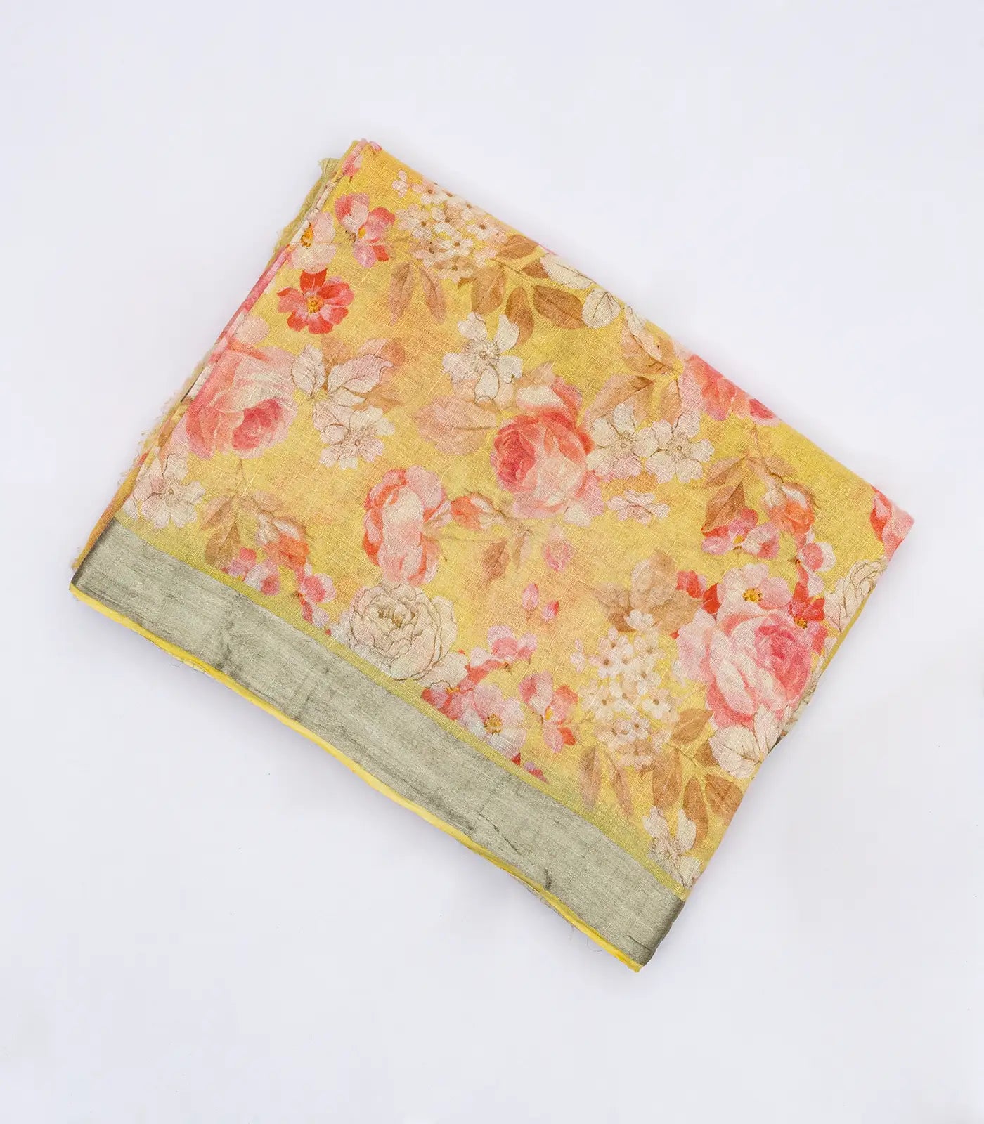 Yellow Handloom Tussar Linen Silk Saree With Printed Floral Motifs