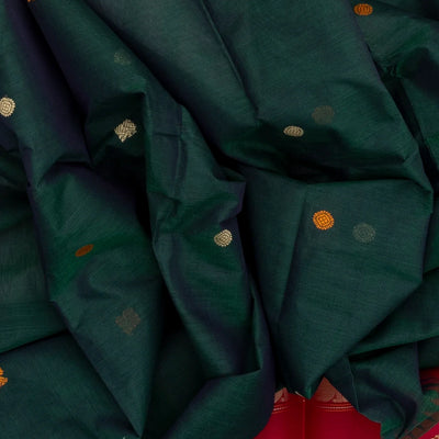 Teal Handloom Korvai Kanchi Cotton Saree With Annam Buttas