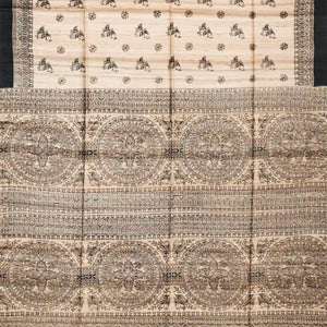 Beige Handwoven Tussar Silk Saree With Printed Bird Motifs