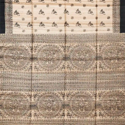 Beige Handwoven Tussar Silk Saree With Printed Bird Motifs