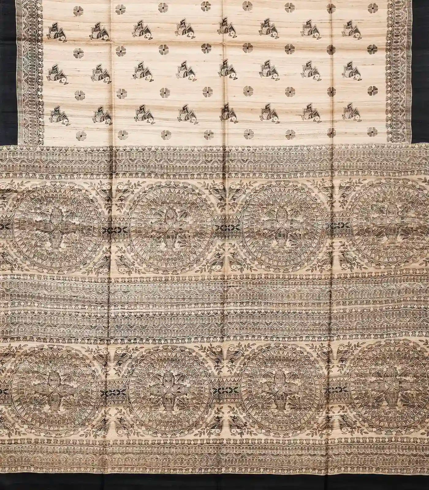 Beige Handwoven Tussar Silk Saree With Printed Bird Motifs