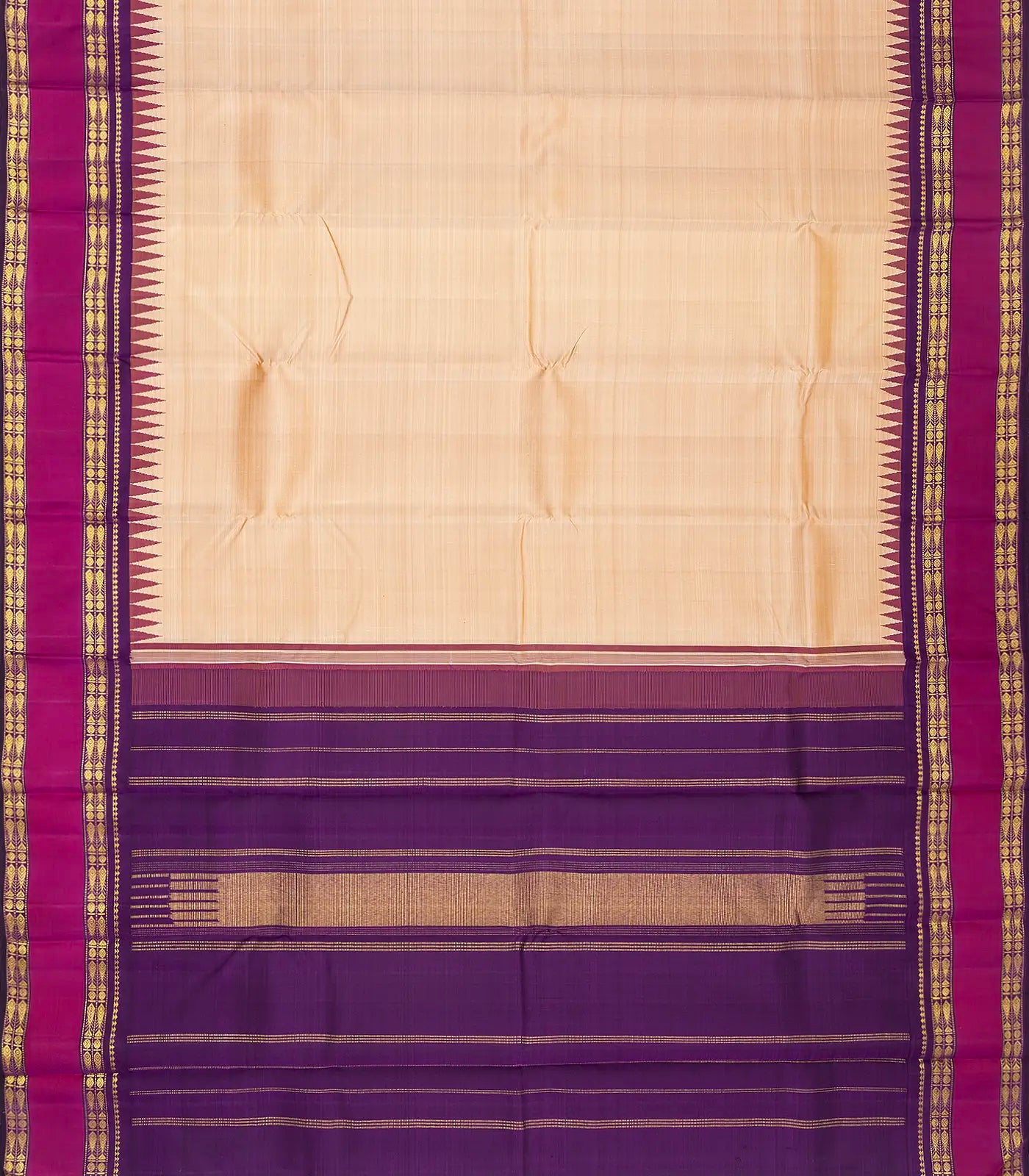 Cream Handloom Korvai Kanchipuram Silk Saree With Contrast Temple Border