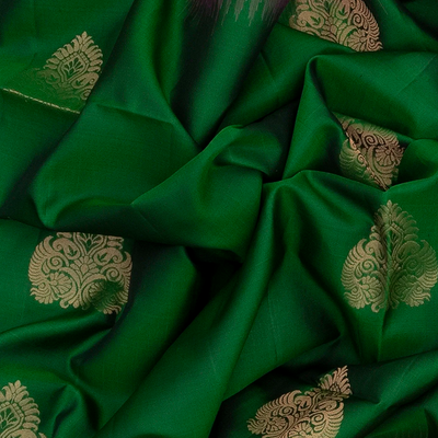 Dark Green Handloom Soft Silk Saree With Butta & Red Border-Dark Green