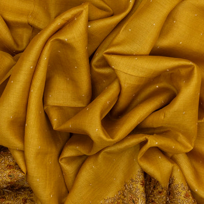 Mustard Handloom Tussar Silk Saree With Embroidered Motifs