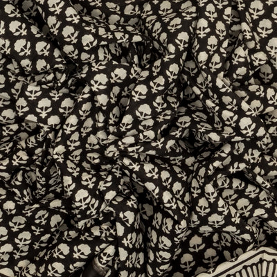 Black Woven Jaipur Cotton Saree With Cream Printed Floral Motifs