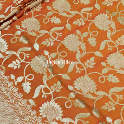 Orange Yellow Floral Motif Designer Katan Silk Banarasi Saree