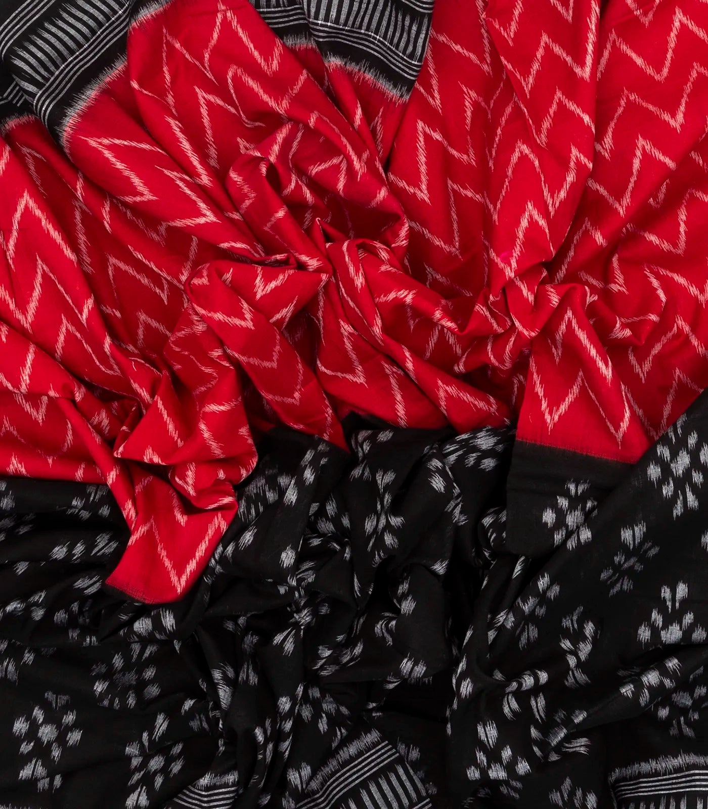 Red & Black Handwoven Orissa Cotton Saree With Tie & Dye Motifs