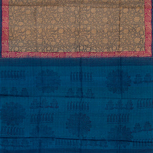 Beige Handwoven Printed Tussar Silk Saree With Vine Motifs & Contrast Blue Pallu-Beige