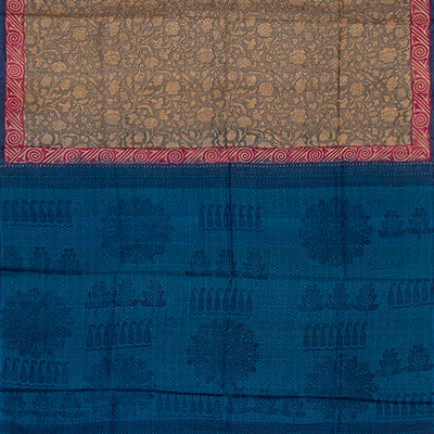 Beige Handwoven Printed Tussar Silk Saree With Vine Motifs & Contrast Blue Pallu-Beige