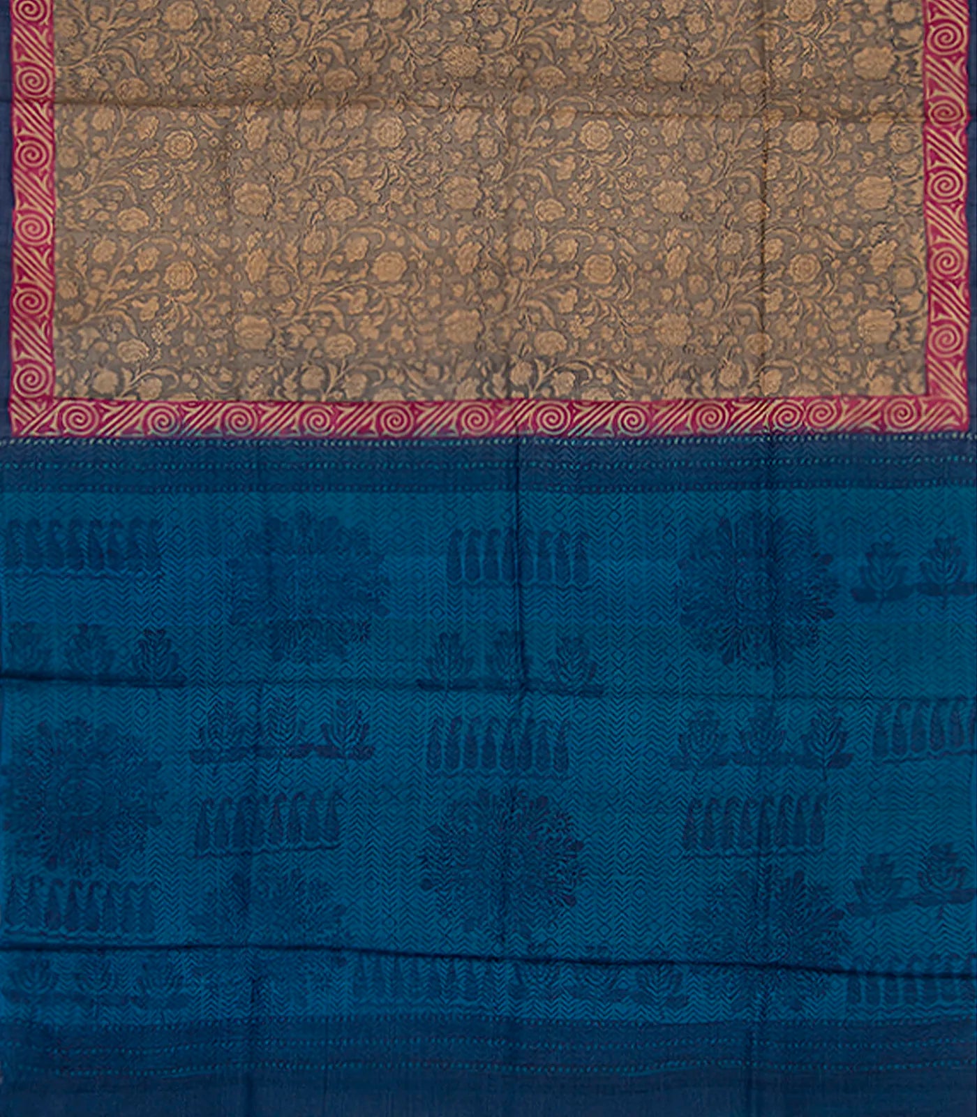 Beige Handwoven Printed Tussar Silk Saree With Vine Motifs & Contrast Blue Pallu-Beige