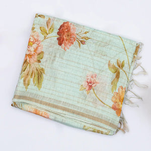 Turquoise Handloom Linen Saree With Printed Floral Motifs & Stripes