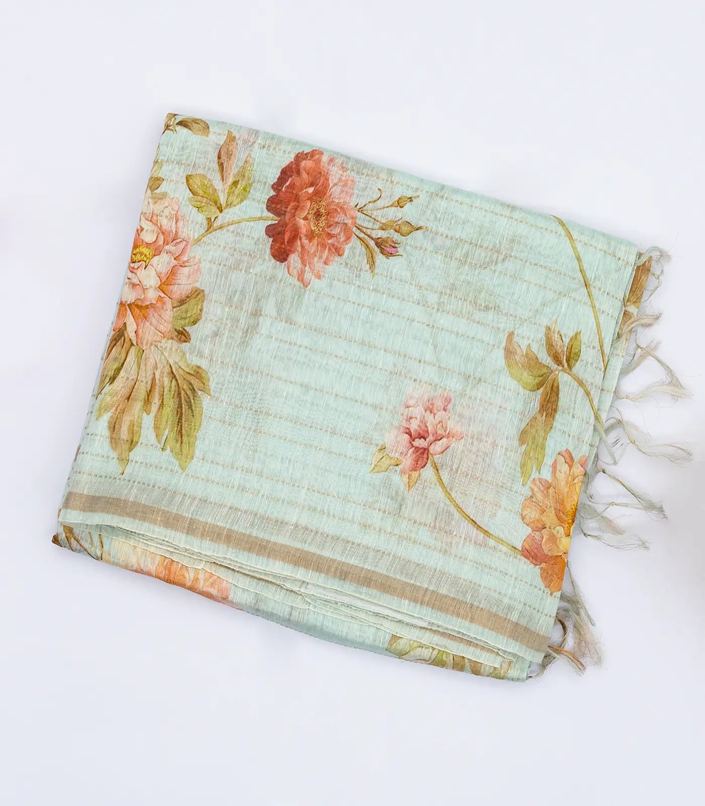 Turquoise Handloom Linen Saree With Printed Floral Motifs & Stripes