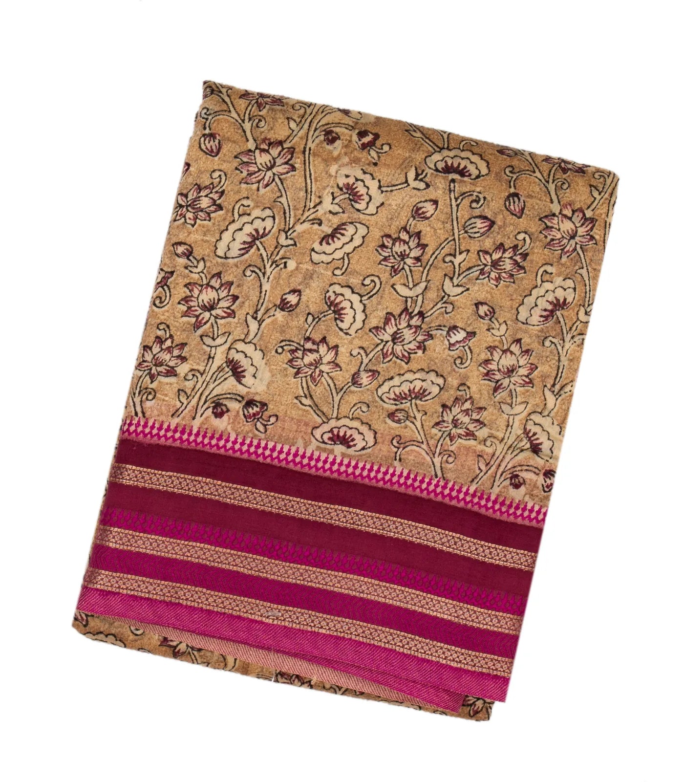 Beige Handloom Chanderi Cotton Saree With Printed Floral Motif
