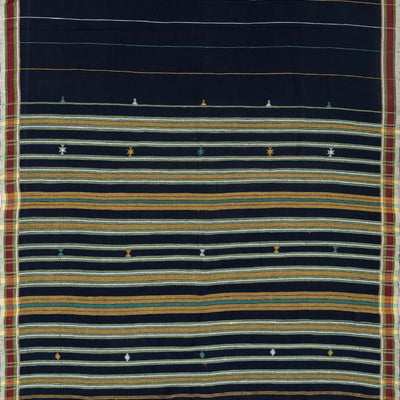 Midnight Blue Handloom Bhujodi Cotton Saree With Yellow Stripes