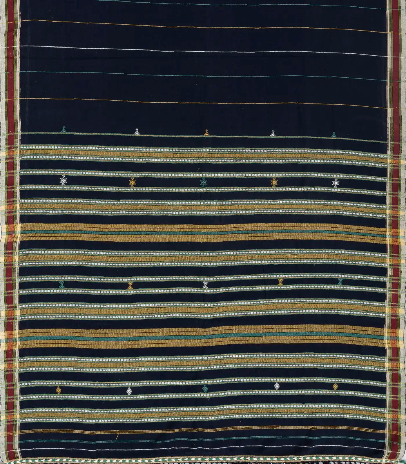 Midnight Blue Handloom Bhujodi Cotton Saree With Yellow Stripes