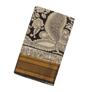 Black Handloom Kalamkari Cotton Saree With Printed Annam Motifs