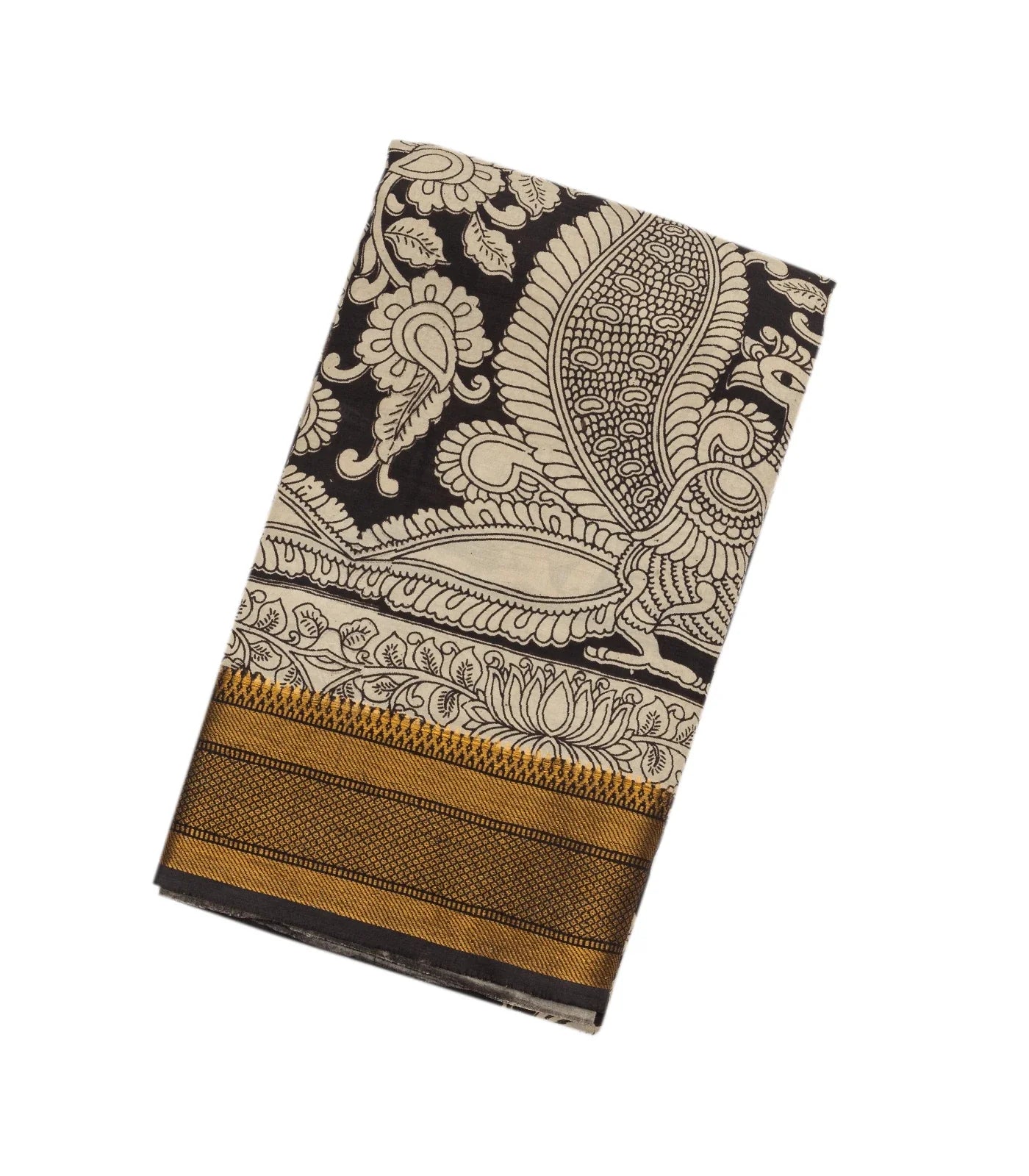 Black Handloom Kalamkari Cotton Saree With Printed Annam Motifs