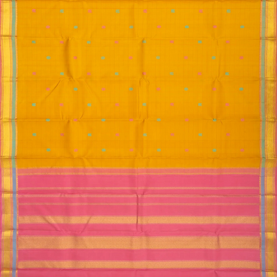 Mustard Handloom Kanchipuram Silk Saree With Checks & Buttas