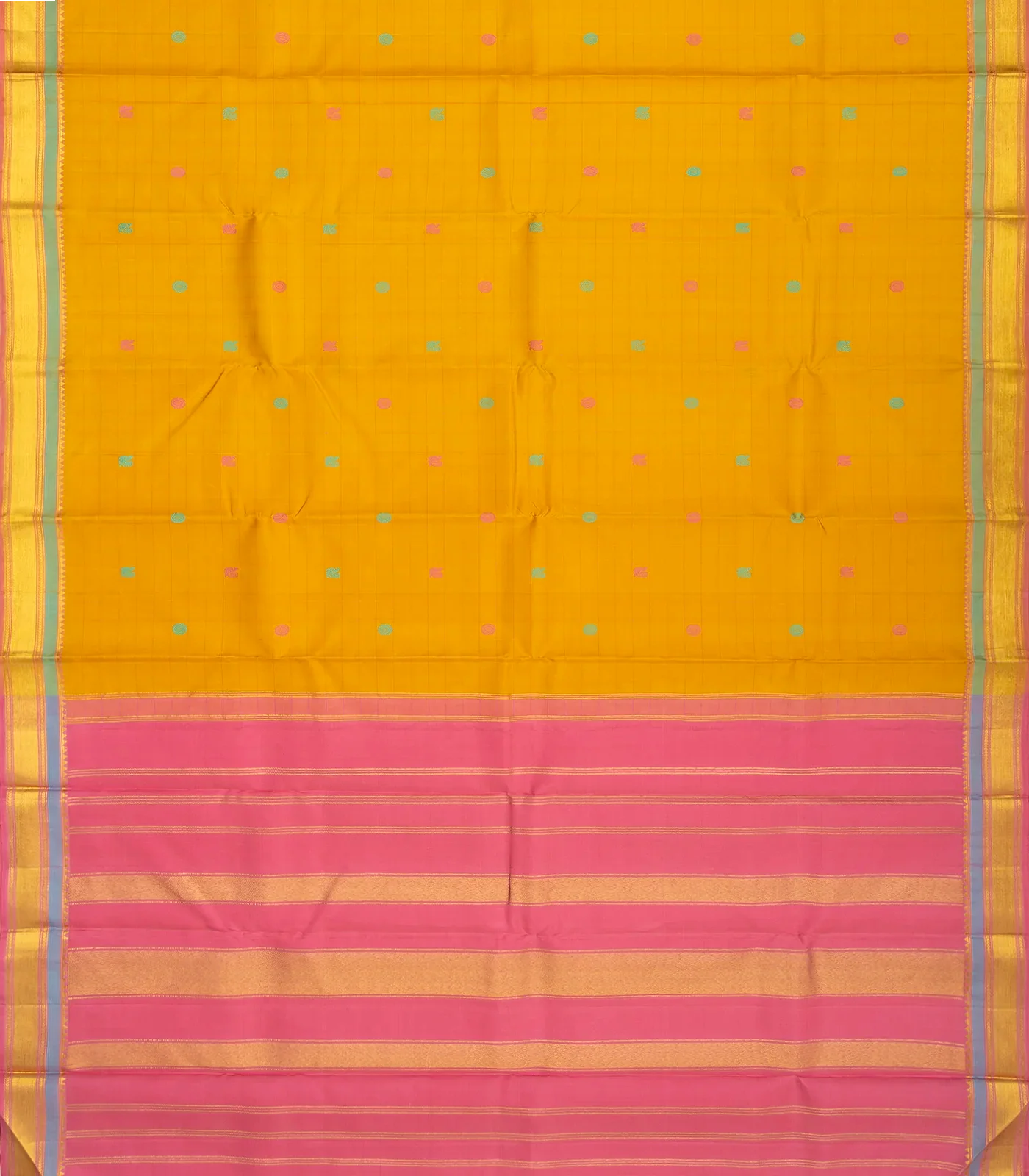 Mustard Handloom Kanchipuram Silk Saree With Checks & Buttas