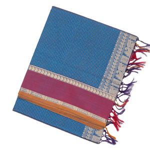 Blue Handloom Silk Cotton Saree With Checks