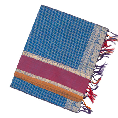 Blue Handloom Silk Cotton Saree With Checks