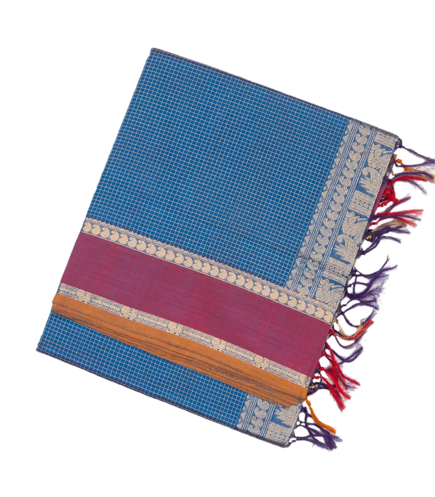 Blue Handloom Silk Cotton Saree With Checks
