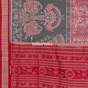 Peach Black Peacock Sambalpuri Ikat Silk Pastel Saree