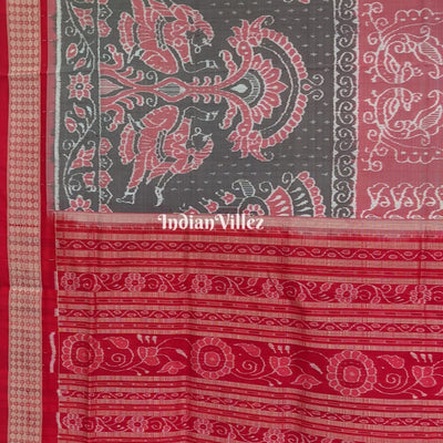 Peach Black Peacock Sambalpuri Ikat Silk Pastel Saree