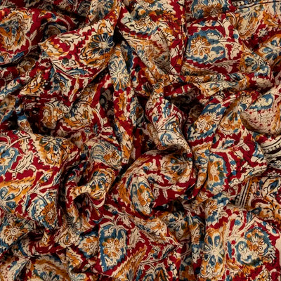 Crimson Woven Kalamkari Cotton Saree With Printed Floral Vine Motifs