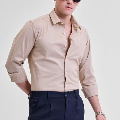Beige Stretchable Slim Fit Shirt