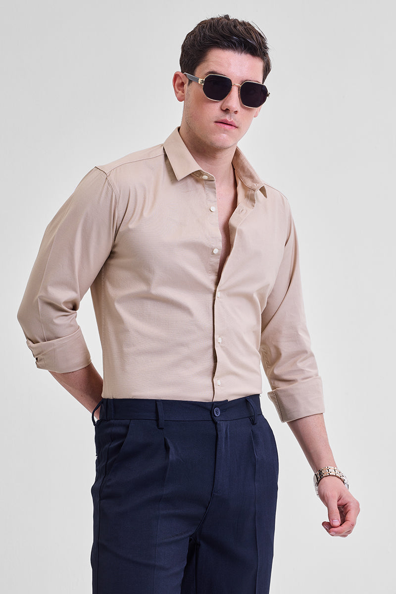 Beige Stretchable Slim Fit Shirt