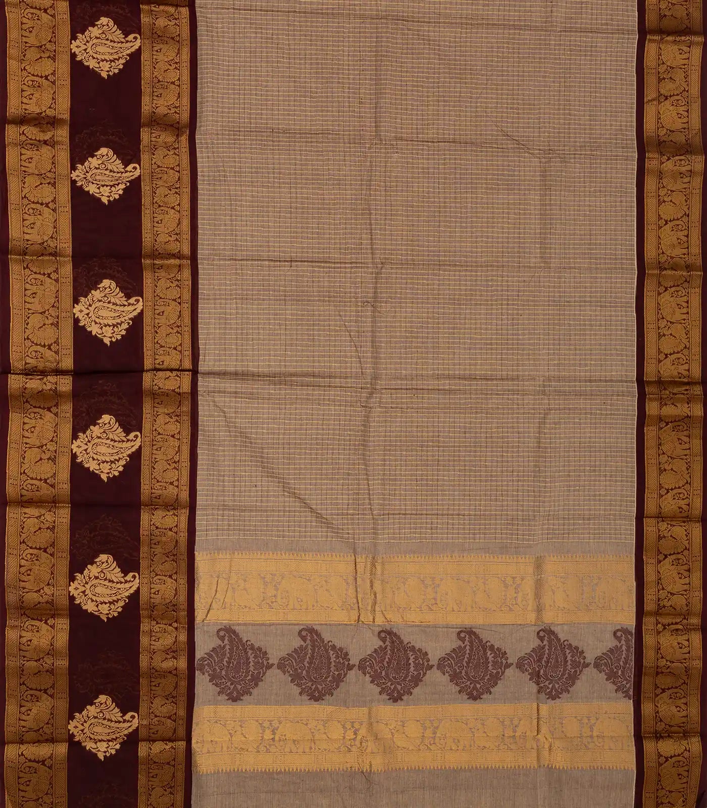 Dusty Pink Handloom Chettinad Cotton Saree With Zari Checks