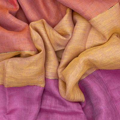 Multi-colour Muppagam Handloom Linen saree with Temple Border
