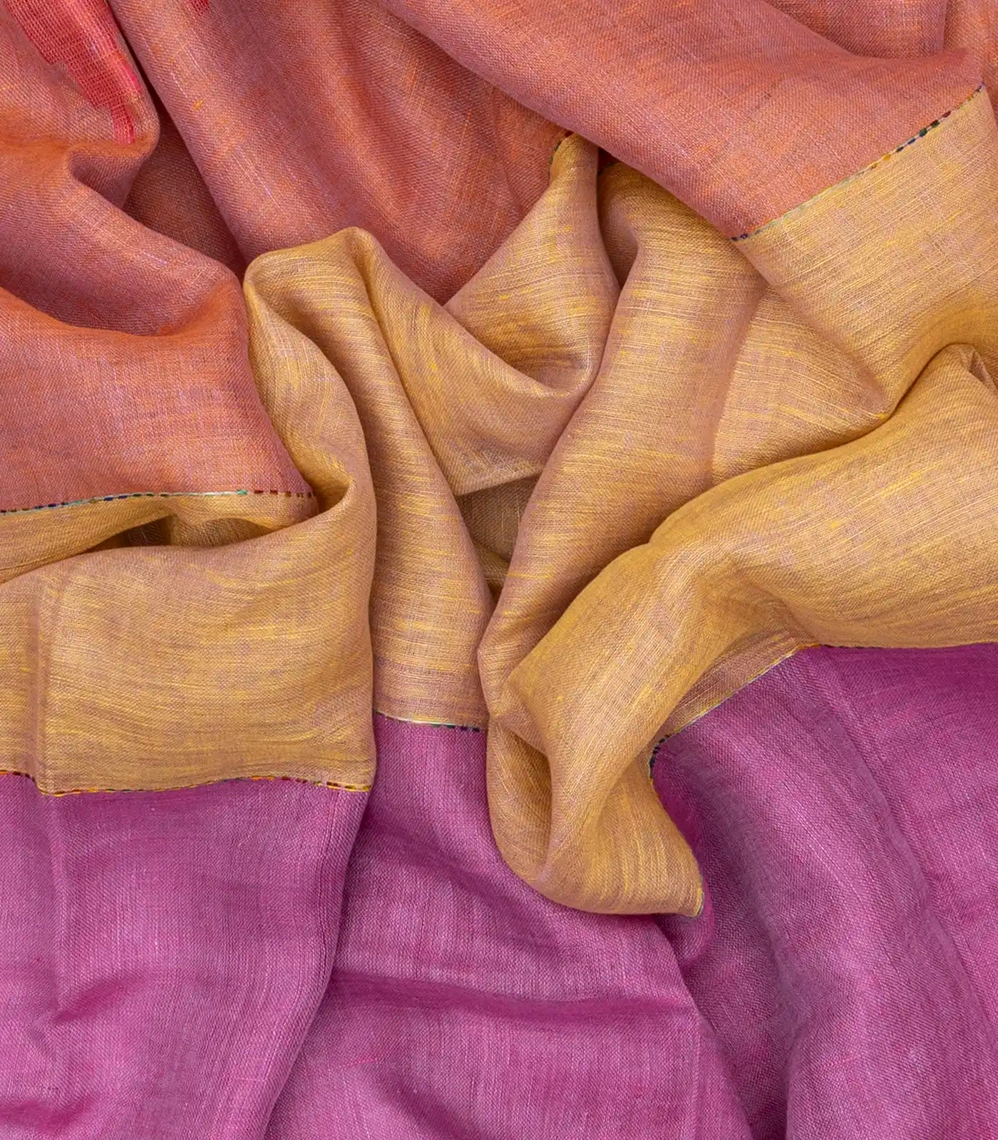 Multi-colour Muppagam Handloom Linen saree with Temple Border